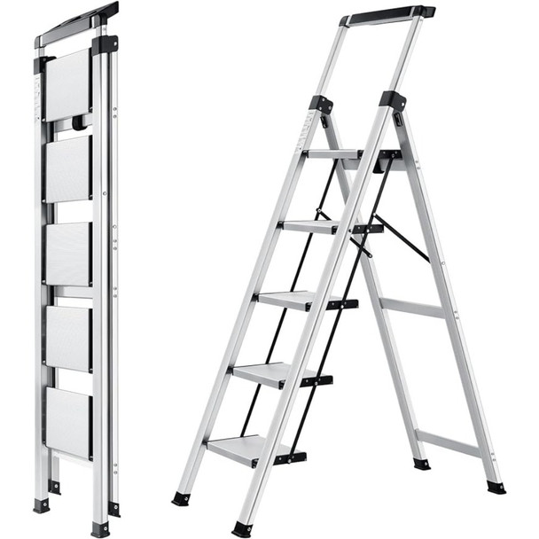 5 Step Ladder Aluminum Stool Ladders 5 Steps Stairs Retractable Handgrip Folding Step Stool With Anti-Slip Wide Pedal Kitchen