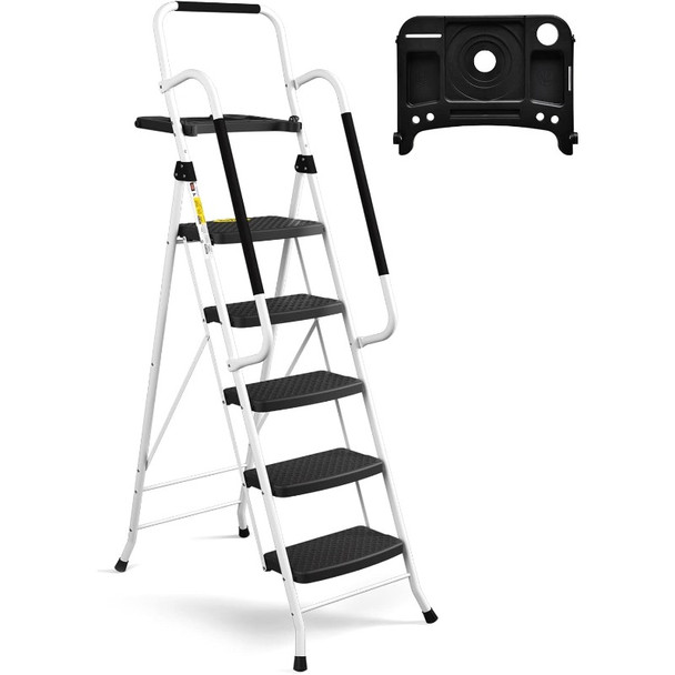 5 Step Ladder with Handrails, Folding Step Stool with Tool Platform, Sturdy& Portable Steel Ladder , 330LBS Capacity Ladder