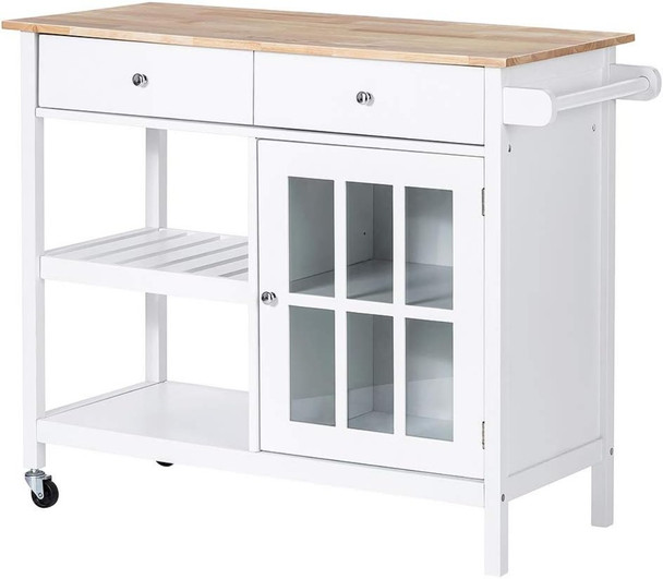 ChooChoo Rolling Kitchen Island, Portable Kitchen Cart Wood Top Kitchen Trolley with Drawers and Glass Door Cabinet, Wine Shelf