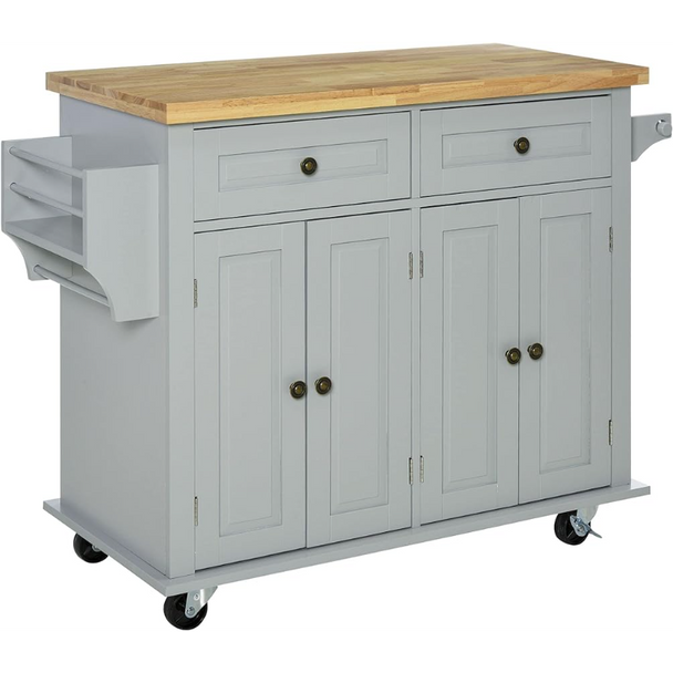 HOMCOM Kitchen Island on Wheels, Rolling Cart with Rubberwood Top, Spice Rack, Towel Rack and Drawers for Dining Room, Grey HOMCOM Kitchen Island on Wheels, Rolling Cart with Rubberwood Top, Spice Rack, Towel Rack and Drawers for Dining Room, Grey
