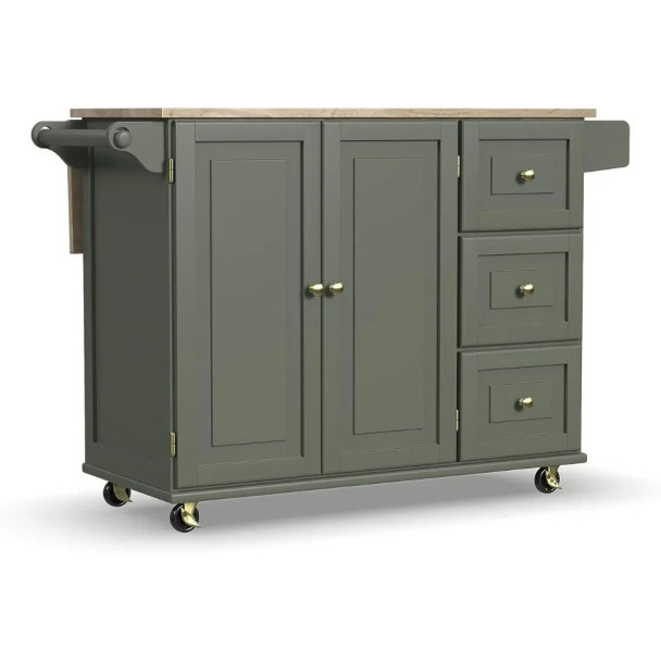 Mobile Kitchen Island Cart With Wood Top and Dropleaf Breakfast Bar Tool Trolley Storage Sage Green Staircart Home Furniture