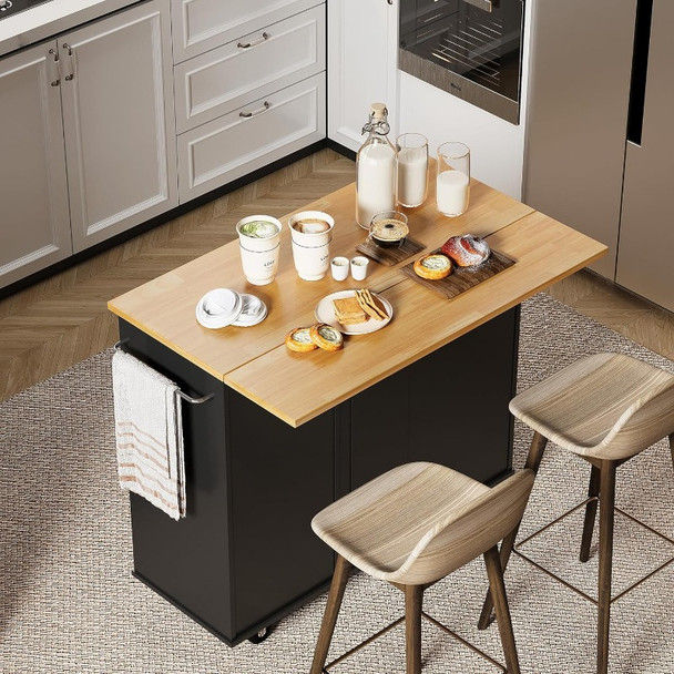 Rolling Kitchen Island Cart with Folding Drop Leaf Breakfast Bar, Portable Trolley Island with Large Storage Cabinet, Shelf