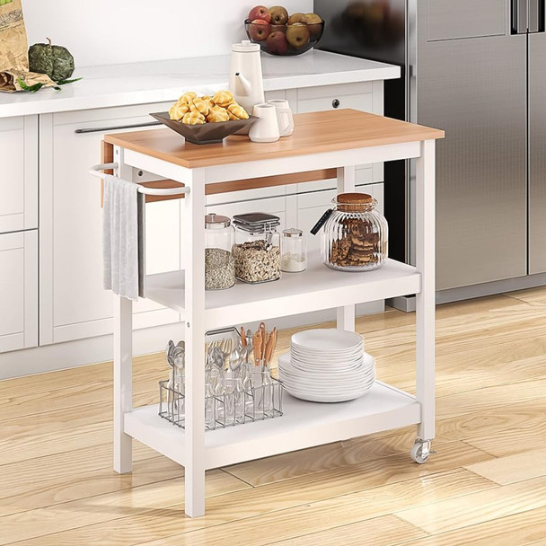 Small Kitchen Island With Drop Leaf and Towel Rack for Dining Room Kitchen Island Cart on Wheels Trolley White Push Cart Dolly