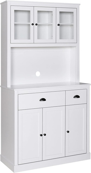 Kitchen Pantry Cabinet, Buffet with Hutch, Cabinets with Adjustable Shelves & Glass Doors, Tall Cupboard with Microwave Stand