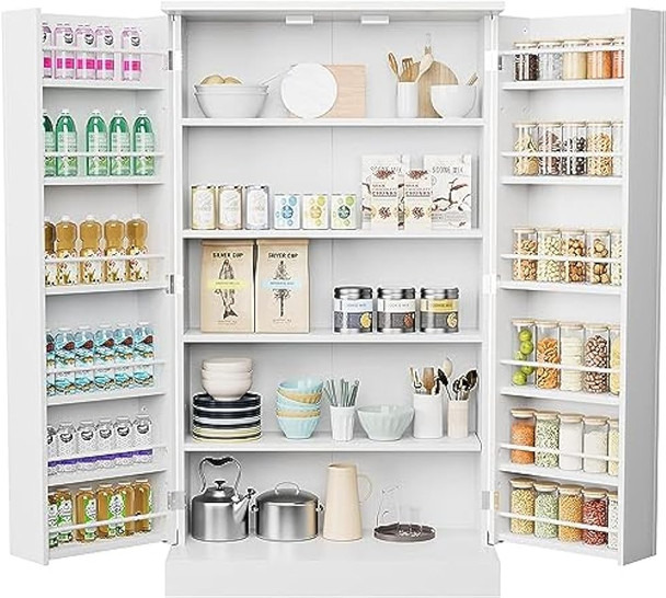 41''Pantry Storage Cabinet, White Freestanding Kitchen Pantry Storage Cabinet with Adjustable Shelves & Doors