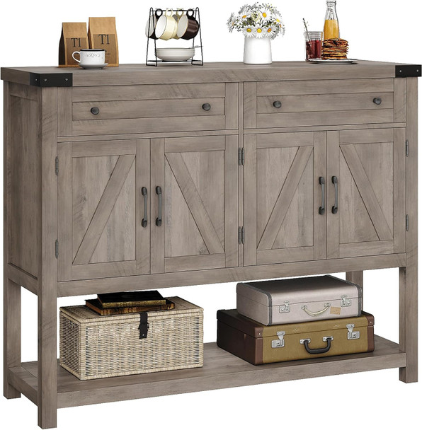 HOSTACK Buffet Sideboard Cabinet with Storage, 47.2" Coffee Bar with 2 Drawers, Barn Doors Console Table with Shelf for Kitchen