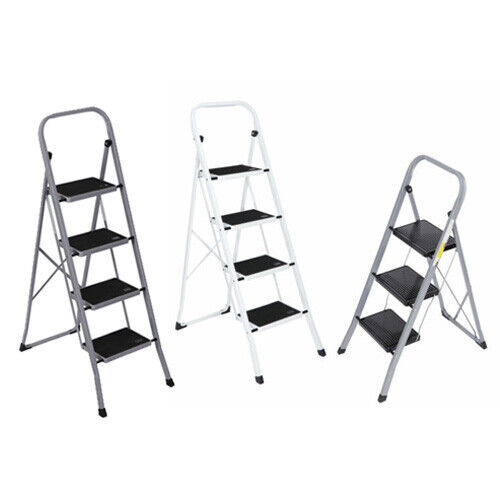 2/3/4 Step Ladder Folding Steel Step Stool Anti-slip 300Lbs Capacity White / Grey