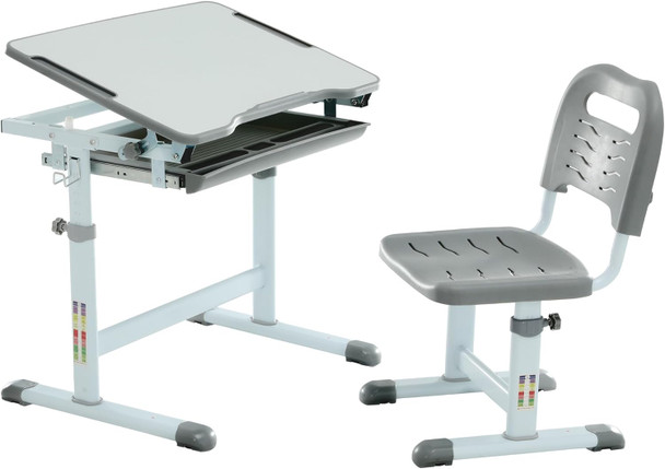 Kids Multifunctional Desk and Chair Set, Height Adjustable Children School Study Desk with Tilt Desktop, Metal Hook and Storage