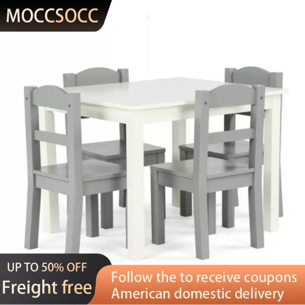 5-Piece Wood Child Table & Chairs Set in White & Grey Freight Free Children's Table and Chair Set for Kids Toys Weigh Kid Desk