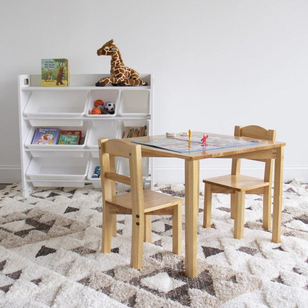 2024 New Child Real Wood Table and 2 Chairs Set, Natural Honey Wood Grain