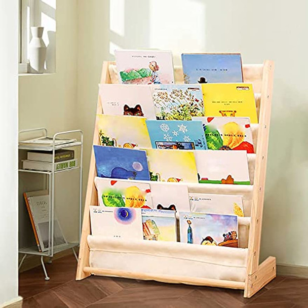 Kids Bookshelf, 6-Layer Kids Sling Book Rack Shelf Organizer for Kids Bedroom Playroom Toy Storage Save Space(Natural Beige)