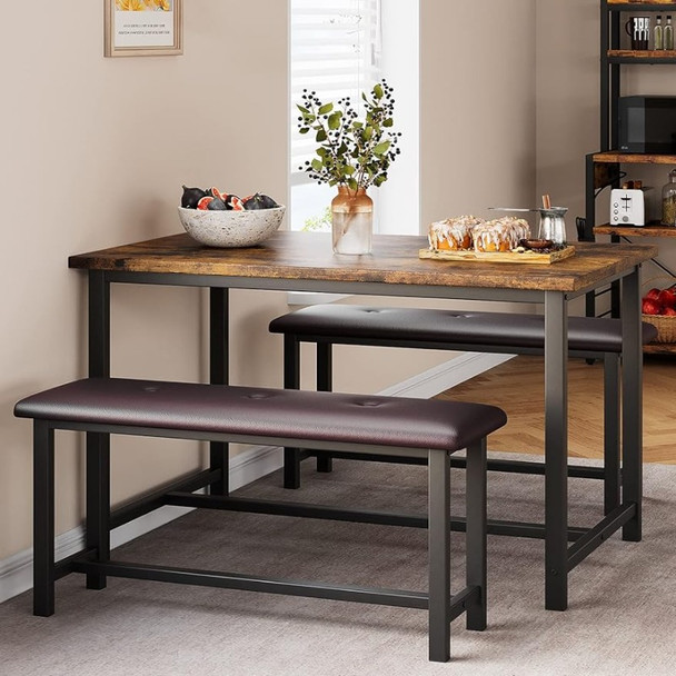 Kitchen Table and Benches for 4, Rectangular Dining Room Table Set with 2 Upholstered Benches, Apartment, Studio, Retro Brown