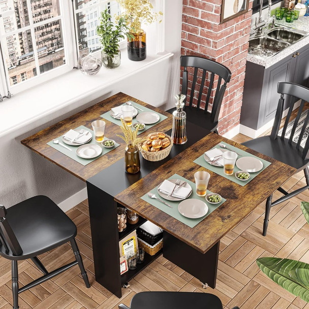 Folding dining table with 6 wheels, deciduous table for small spaces, foldable dining table with 2 levels of storage shelves