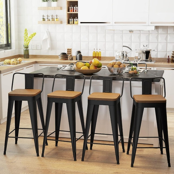 Metal Bar Stools Set of 4 Counter Height Bar Stools Barstools with Removable Back 24" Kitchen Bar Stools with Wooden Seat