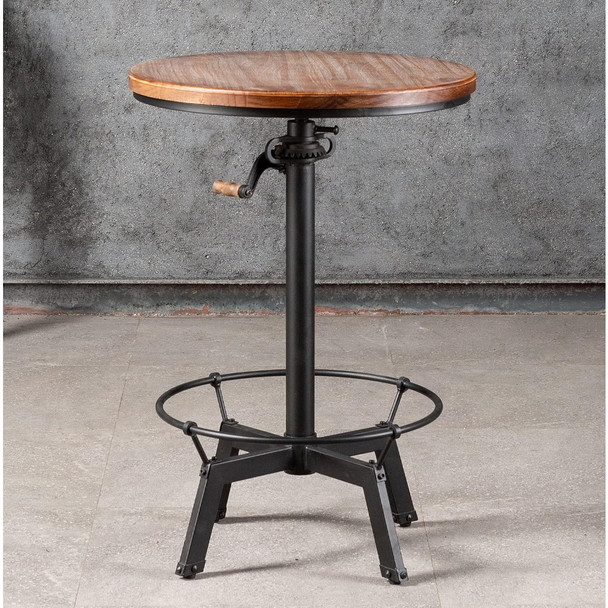 Whiskey bar table in a small tavern, with a rotating circular wooden top and metal base that can be easily adjusted by a crank