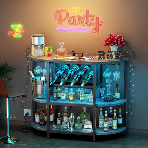 Bar table cabinet with power socket, LED household mini bar cabinet, metal bar rack with 4 layers of storage, easy to assemble