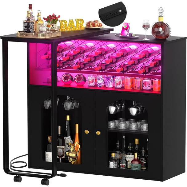 Rotating Wine Bar Cabinet, Tall Home Bar with LED Lights & Power Outlets, Liquor Bar Cabinet with Wine Rack &