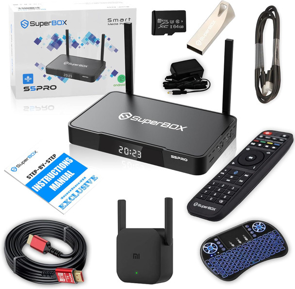 SuperBox S5 PRO Bundle TV Box 8K HDMI Cable, 64GB Card, 64GB USB, WiFi Extender, Backlit Keyboard, Voice Remote
