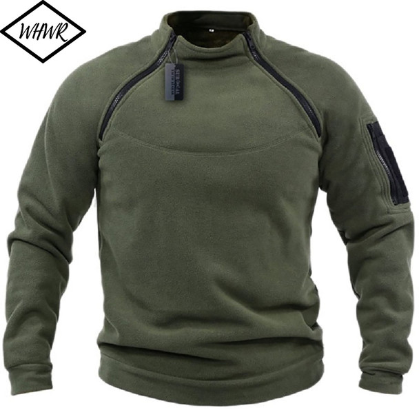 Winter Men's Standing Collar Fleece Pullover Solid Color Tactical