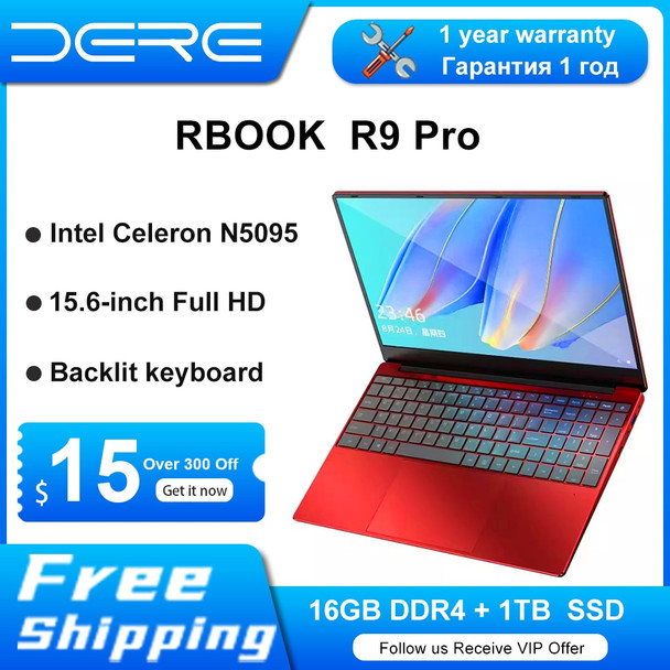 Dere R9 Pro Laptop 15.6-inch 16GB RAM 1TB SSD Intel Celeron N5095 Dual-Band WiFi Business Office Computer Window 10 Notebook