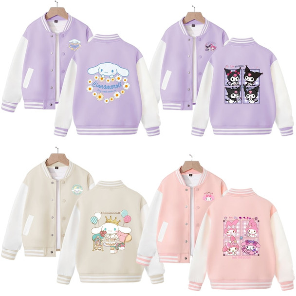 Sanrio Kawaii Anime Kuromi Cinnamoroll My Melody Girls Coat Spring Autumn New Loose Sports Baseball Uniform Jacket Birthday Gift