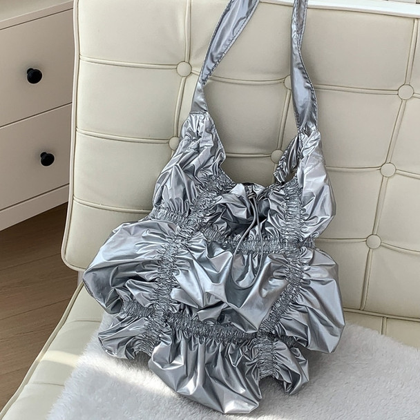 Fashion Pleated  Flower Shape Women's Shoulder Bag Soft Silver Leather Tote Bag Casual Drawstring Daily Pouch Shopper Bag 2023