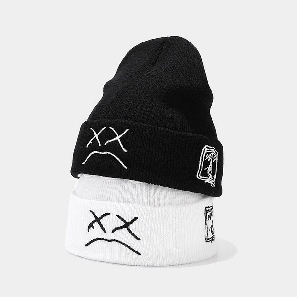 Beanie, Knitted Hat, Hip hop Style, Embroidered Knitted Hat with Sad
