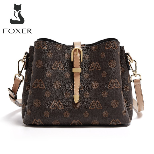 FOXER Women Classical PVC Leather Signature Shoulder Bag Monogram Lady Crossbody Bag Female Vintage Large Capacity Messenger Bag