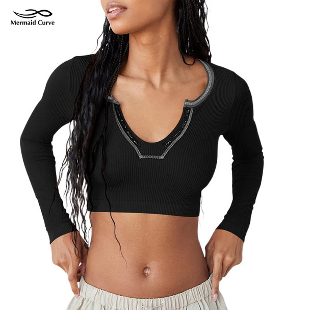 Mermaid Curve Tight Knit Rib Yoga Shirt Deep V Neckline Stripe Sports