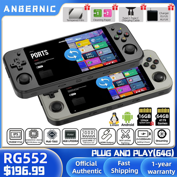 Anbernic RG552 Handheld Game Console 5.36 Inch IPS Touch Screen Video Game Player Built in Android 64g eMMC 5.1 RK3399 Linux