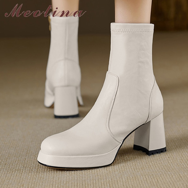 Meotina Women Genuine Leather Ankle Boots Round Toe Thick High Heels