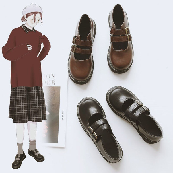 Retro Brown Shoes Women Fashion Buckle Strap Platform Oxford Leather