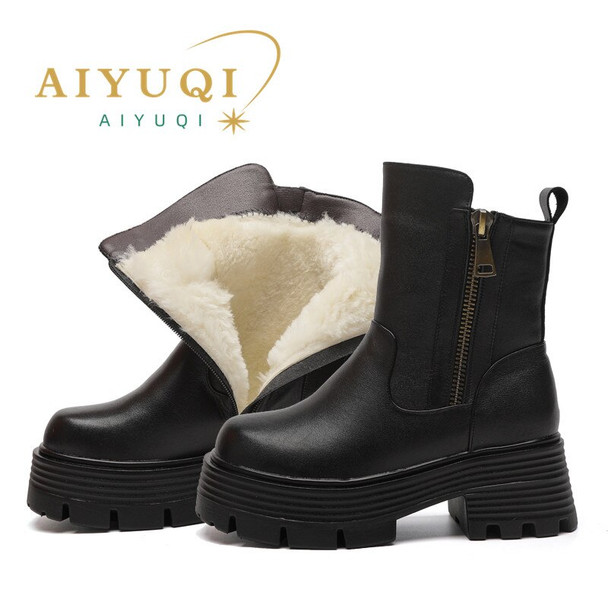 Genuine Leather Boots Women Wool Thick | Womens Leather Platform Boots