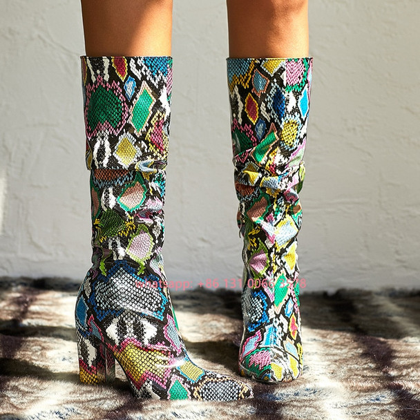 Colorful Snakeskin Leather Square High Heels Women Boots Mid Calf