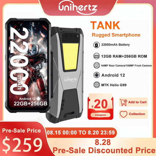 Unihertz TANK Rugged Night Vision Smartphone, Cell Phone, Mobile Phone, 22000 mAh, 8GB, 256GB, 108M Camera, 66W PD, Helio G99