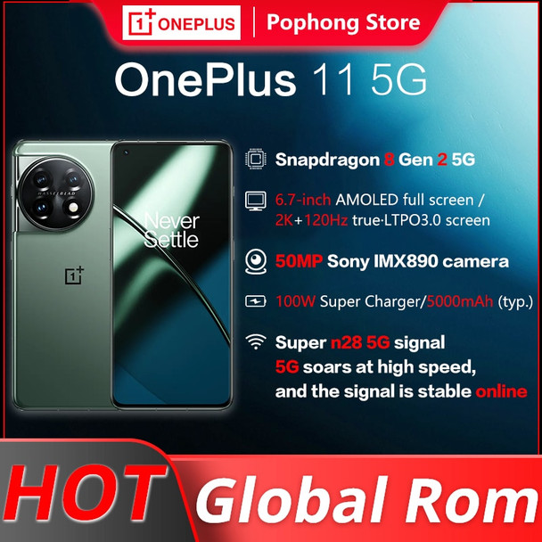 Global Rom OnePlus 11 5G  6.7" 2K 120Hz AMOLED Snapdragon 8 Gen 2 50MP Triple Camera Camera IMX890 100W Super Vooc