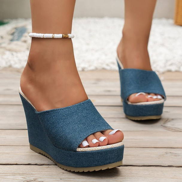 Women's Denim Wedge Slide Sandals Casual Slip On Platform Sandals