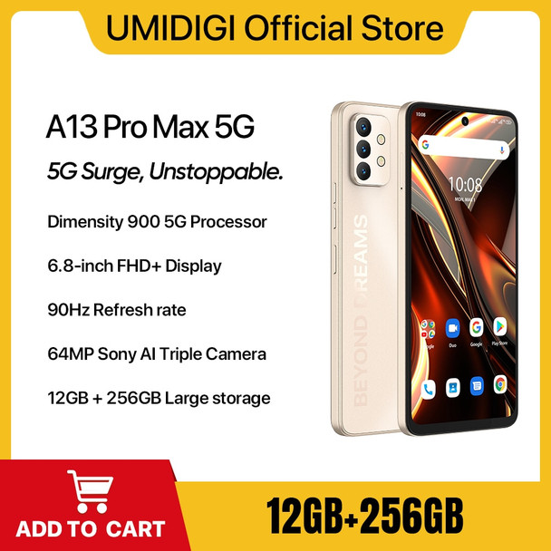 UMIDIGI A13 Pro Max 5G Smartphone,17GB RAM(12GB +5GB Extend RAM) 256GB ROM, Dimensity 900, 90Hz, 6.8'' FHD+, 64MP Triple Camera