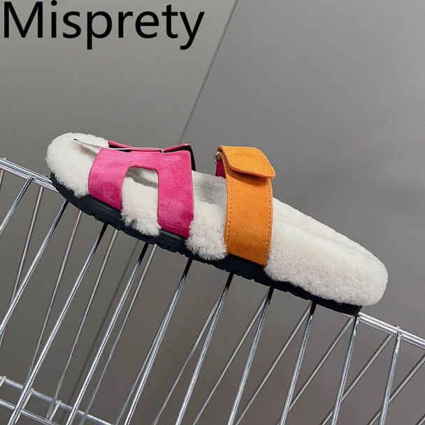 Shearling Designer Slippers Winter Shoes For Women Mixed Color Peep