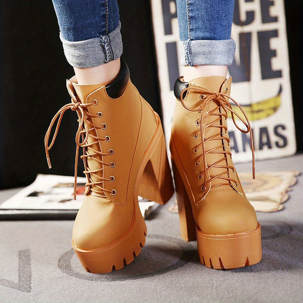 Women's Fashion Chunky Heeled Short Boots Round Toe Lace Up High Heels