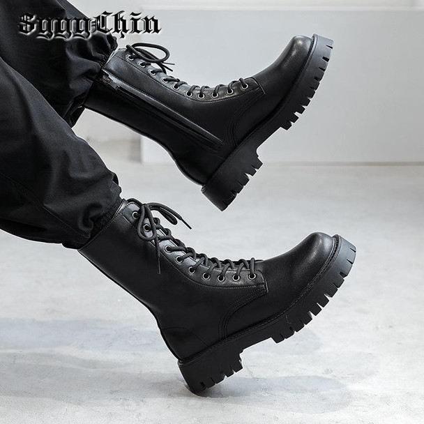 Autumn Women Men Boots Motorclcle Platform Lace up Ankle Mid calf Lady