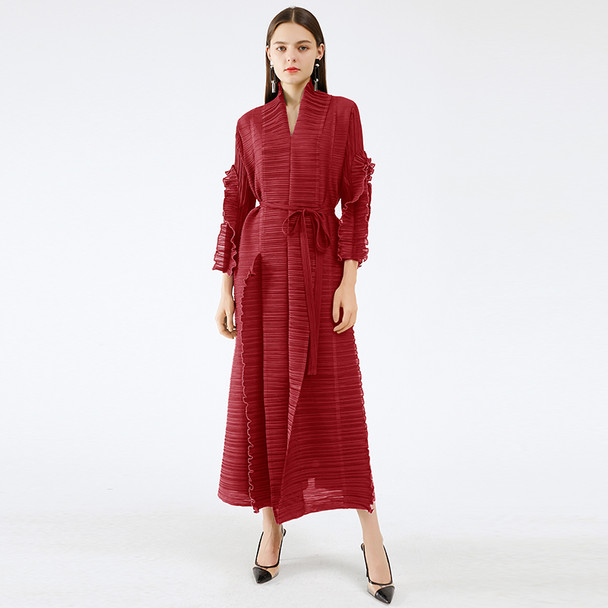 Miyake pleated long petal sleeve dress lapel cardigan Sashes plus size