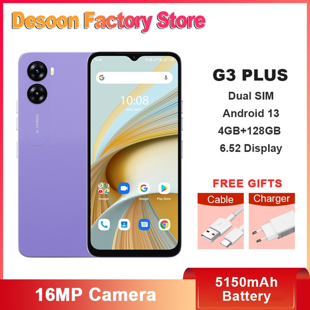 UMIDIGI G3 PLUS 6.52" Display Smartphone 4GB+128GB Unisoc T606 Android 13 5150mAh Battery 16MP Camera Dual SIM Mobile Phones