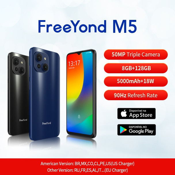 FreeYond M5 8GB 128GB Cellphones 50MP AI Triple Camera 6.52" 90Hz IPS Screen 5000mAh 18W Fast Charging Android Smartphone