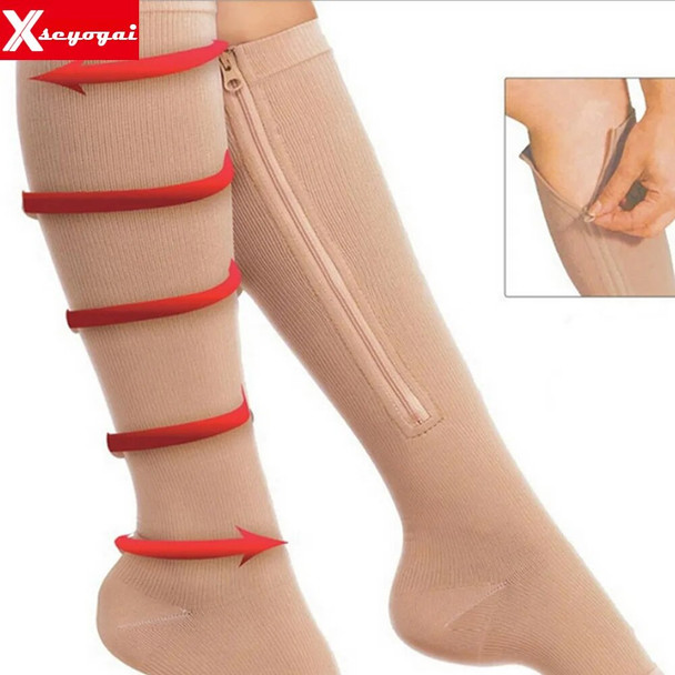 1Pairs Women's Compression Sports Zipper Socks Vein Elastic Stocking Long Zip Hose