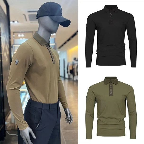23 Korean golf clothing autumn new men's lapel long sleeve polo shirt top sports fashion bottom jersey