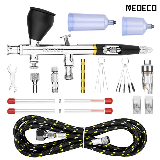 NEOECO NCT-SJ83RS1 Dual Action Airbrush 9cc 1/3 oz Fluid Cups Quick Remove Air Cap Nozzle Gravity Feed with Accessories