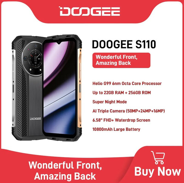 World Premiere DOOGEE S110 Rugged Phone 6.58” FHD Waterdrop Screen Helio G99 Octa Core 66W Fast Charging 10800mAh Battery Phone