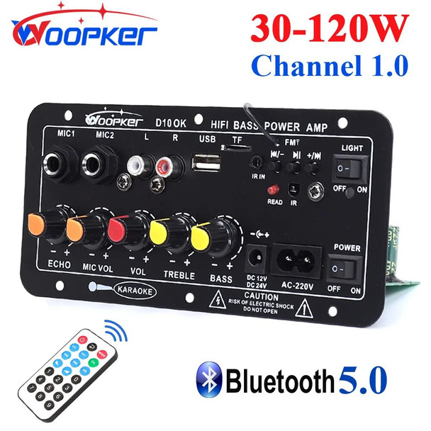 Woopker Bluetooth Audio Amplifier Board 120W Subwoofer Dual Microphone AMP Module for 4 ohms 8-12 inch Speaker 12/24V 110/220V
