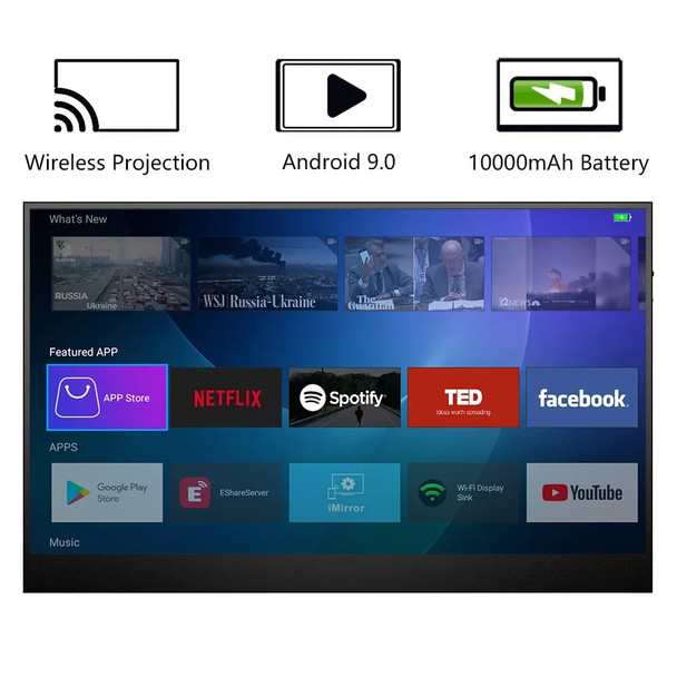 15.6 FHD IPS Battery Touch Wireless Android Smart Portable Monitor APP Store Google Play WiFi Bluetooth USB C HDMI-Compatible